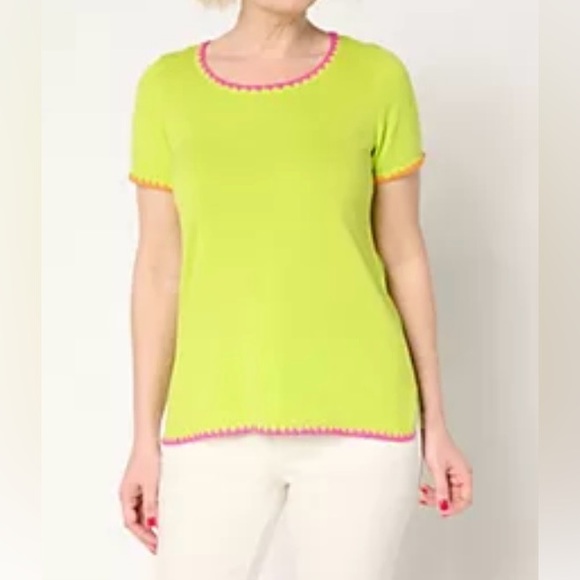 NWOT Belle by Kim Gravel bright green short sleeved sweater crochet lining sz S - Picture 1 of 13